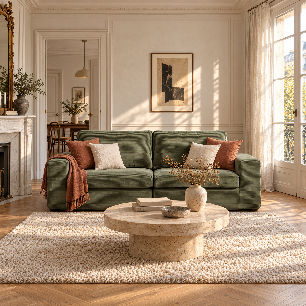 Canapé 3 places velours côtelé vert olive dans un salon parisien lumineux