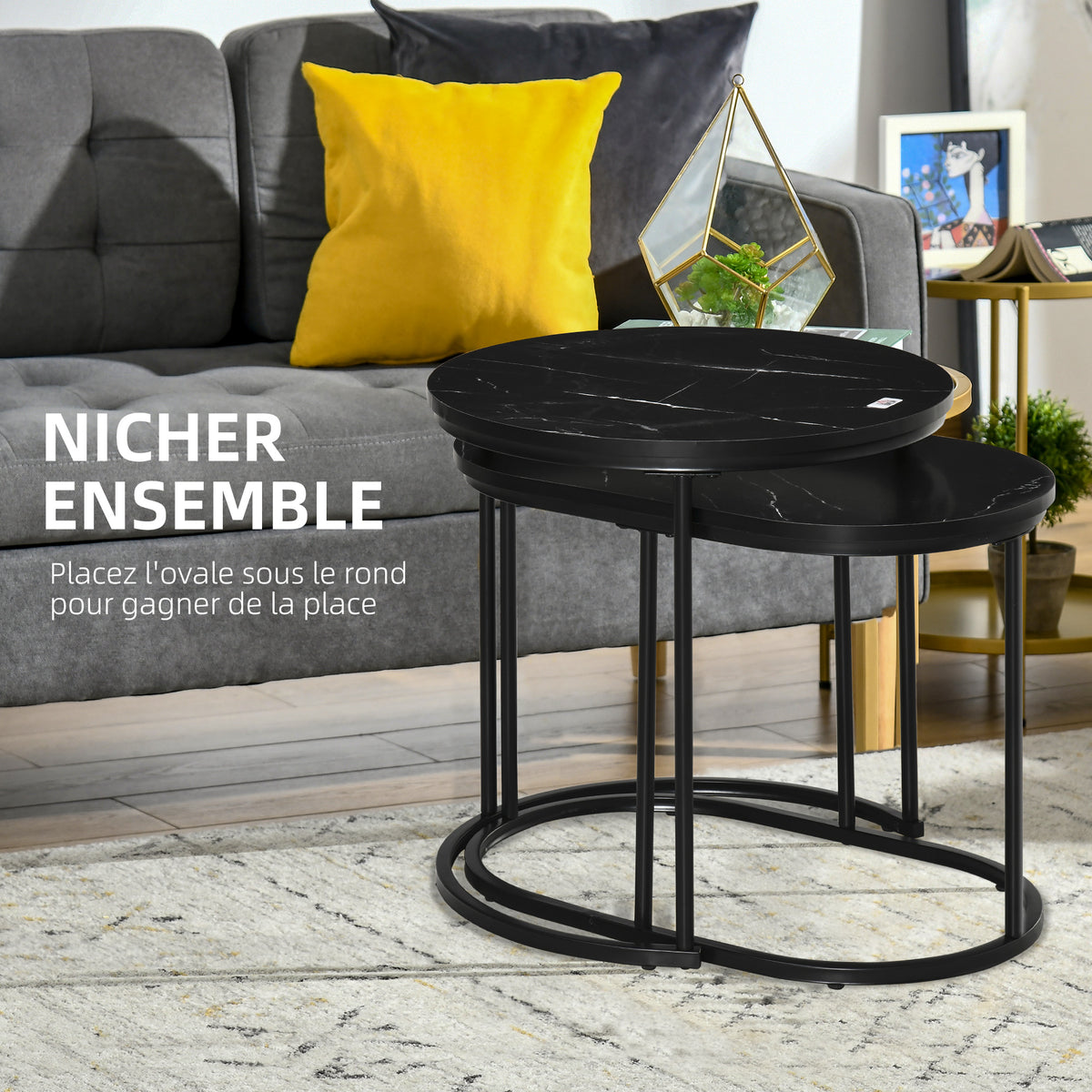 Lot de 2 tables gigognes effet marbre noir, acier, détail 1