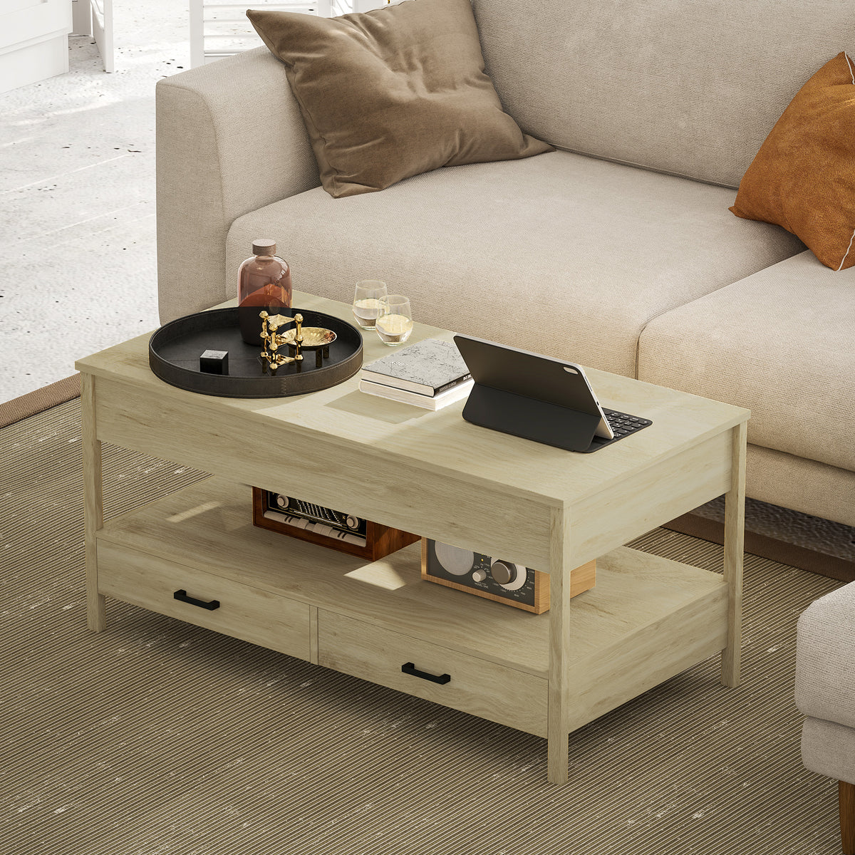 Table basse relevable chêne avec tiroirs, 100 × 50 cm, détail 2
