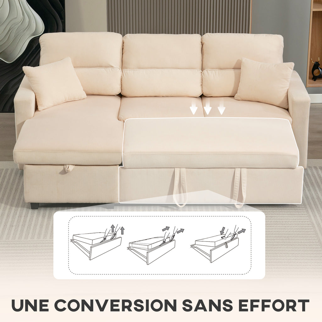 Canapé d'angle convertible velours côtelé beige, coffre, 205 × 135 cm, détail 6