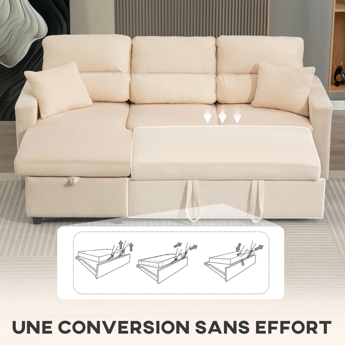 Canapé d'angle convertible velours côtelé beige, coffre, 205 × 135 cm, détail 6