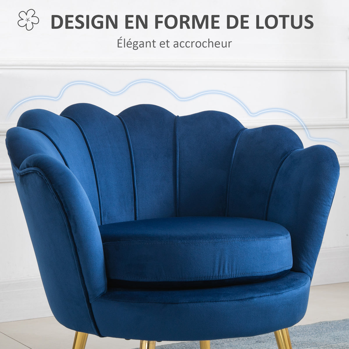 Fauteuil coquillage velours bleu marine, pieds dorés, détail 8