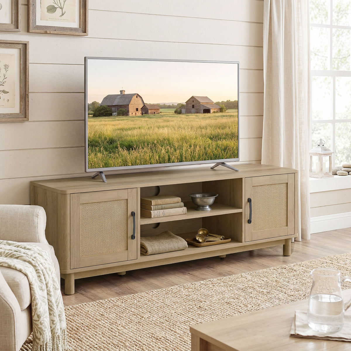 Meuble TV rotin et chêne, portes cannées, 135 cm, détail 1