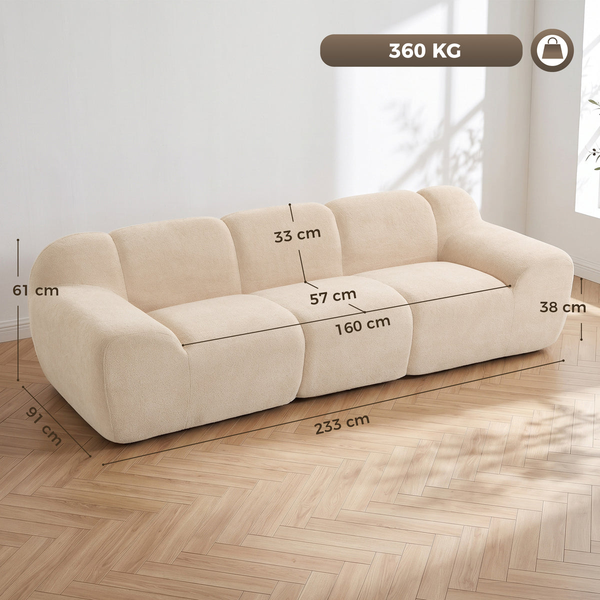 Canapé nuage 3 places chenille beige, 233 cm, détail 6