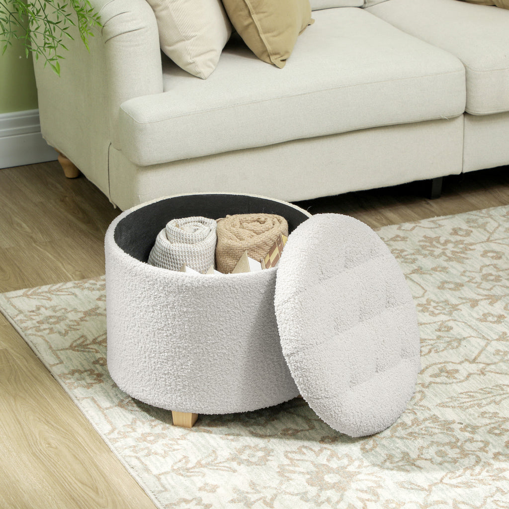 Pouf coffre rond bouclette blanc, pieds pin, Ø 45 cm, vue 3 – Saint-Oréan