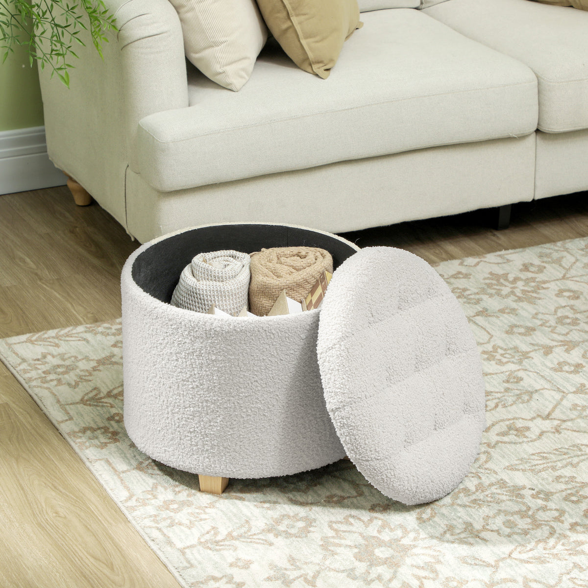 Pouf coffre rangement, tabouret rond, pouf repose-pieds en tissu bouclette, charge 120 Kg, Ø 45 x 41 cm, blanc-6