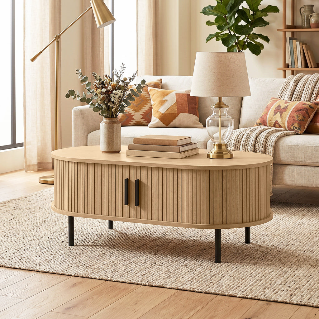 Table basse ovale à portes coulissantes, bois naturel, 100 × 55 × 40 cm, vue 3 – Saint-Oréan