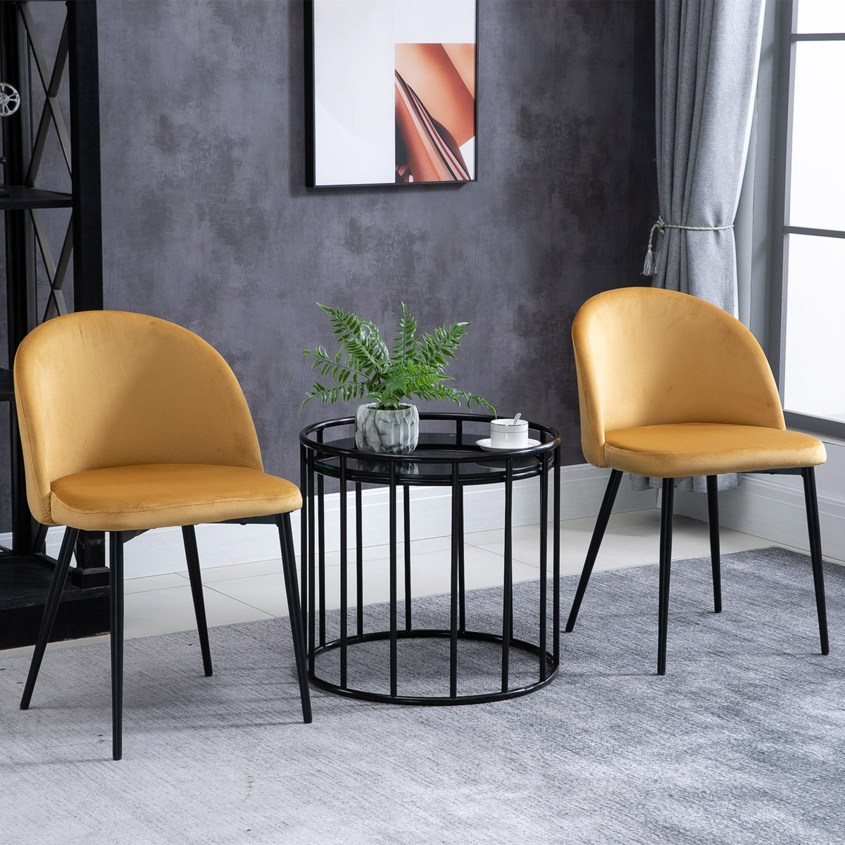 Lot de 2 chaises velours moutarde, pieds métal noir, détail 5
