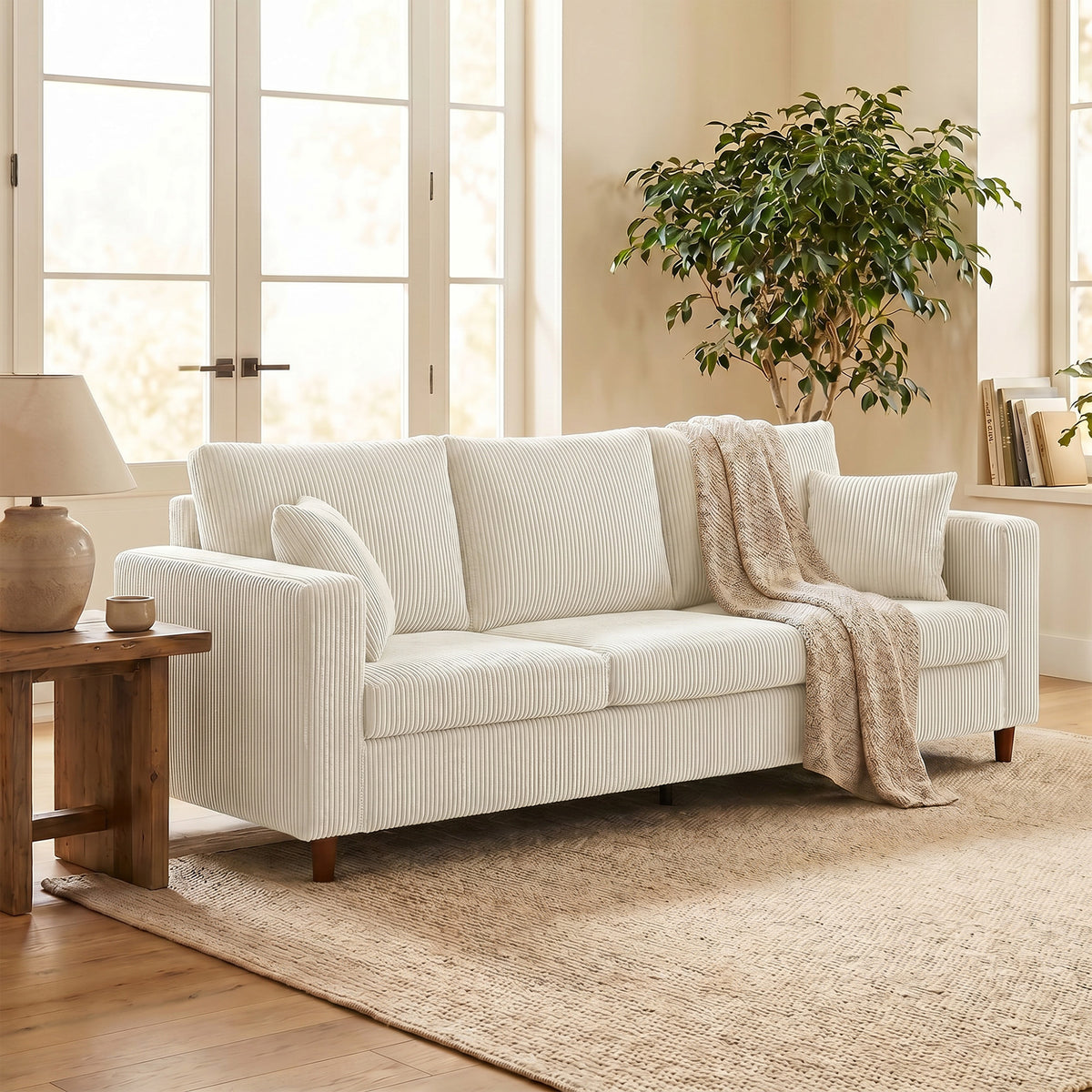 Canapé 3 Places en Velours Côtelé, Canapé de Salon Moderne 225 cm, Assise Large, Coussin à Ressorts, Crème-8