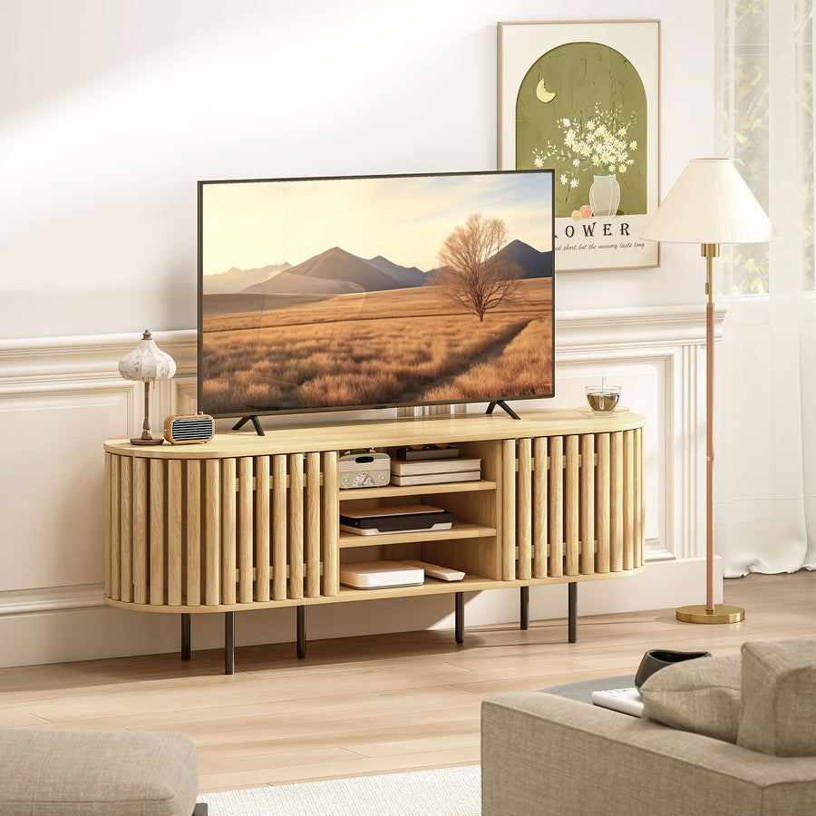 Meuble TV à portes à lattes, bois naturel