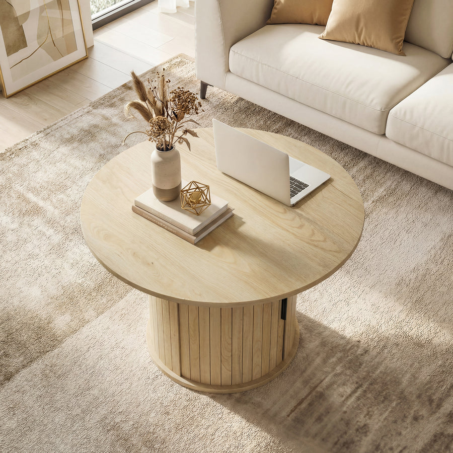 Table basse ronde à lattes avec rangement, bois naturel