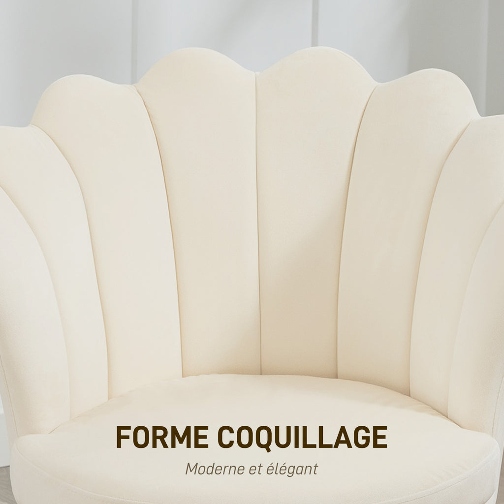 Fauteuil coquillage velours beige, pieds dorés, détail 7