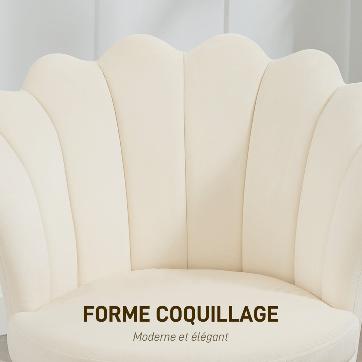 Fauteuil coquillage velours beige, pieds dorés, détail 7