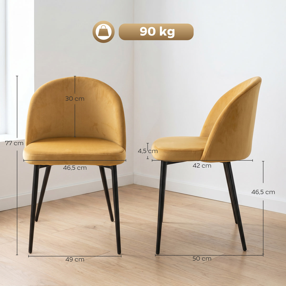 Lot de 2 chaises velours moutarde, pieds métal noir, détail 1