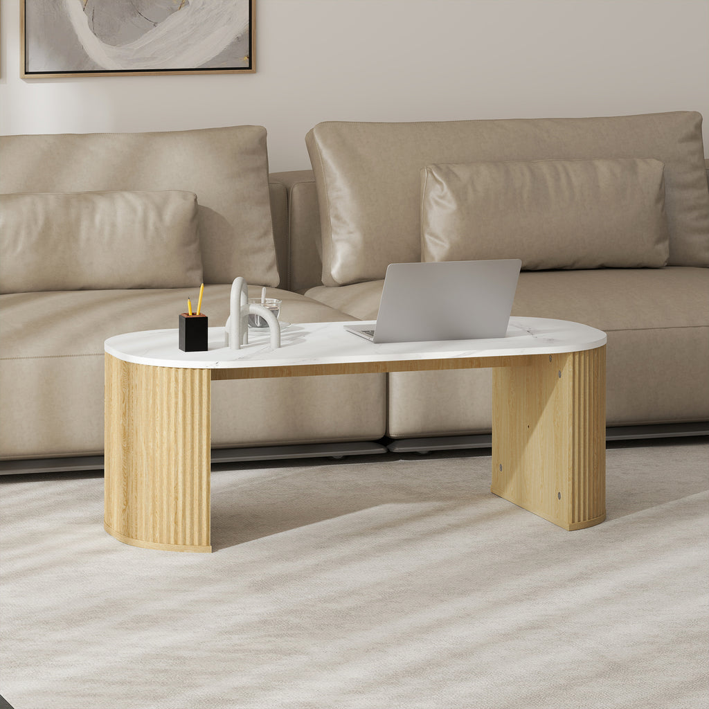 Table basse ovale effet marbre blanc, pieds bois, 110 × 50 cm, détail 3