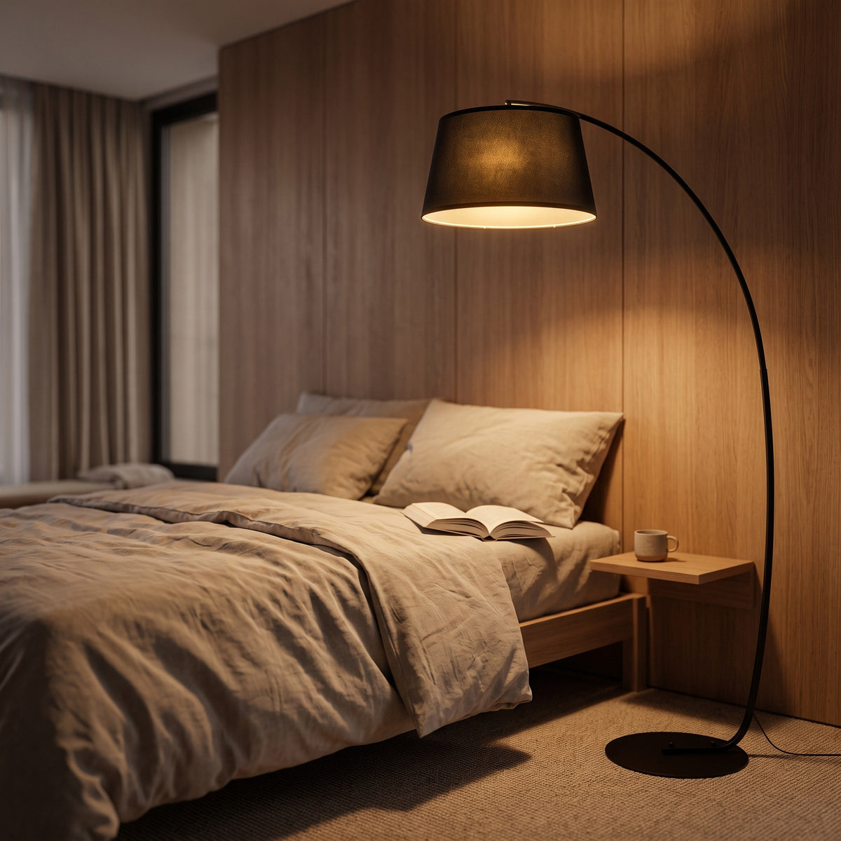 Lampe Lampadaire à Arc Salon Courbée - Lampe Arceau Moderne en Métal - Lampadaire sur Pied, Métal et Lin, Noir-4