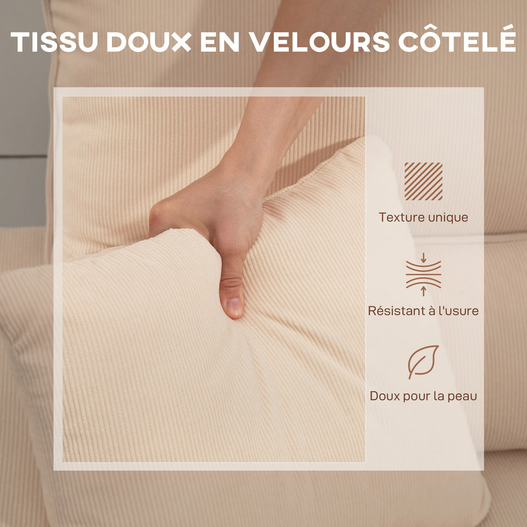 Canapé d'angle convertible velours côtelé beige, coffre, 205 × 135 cm, détail 5