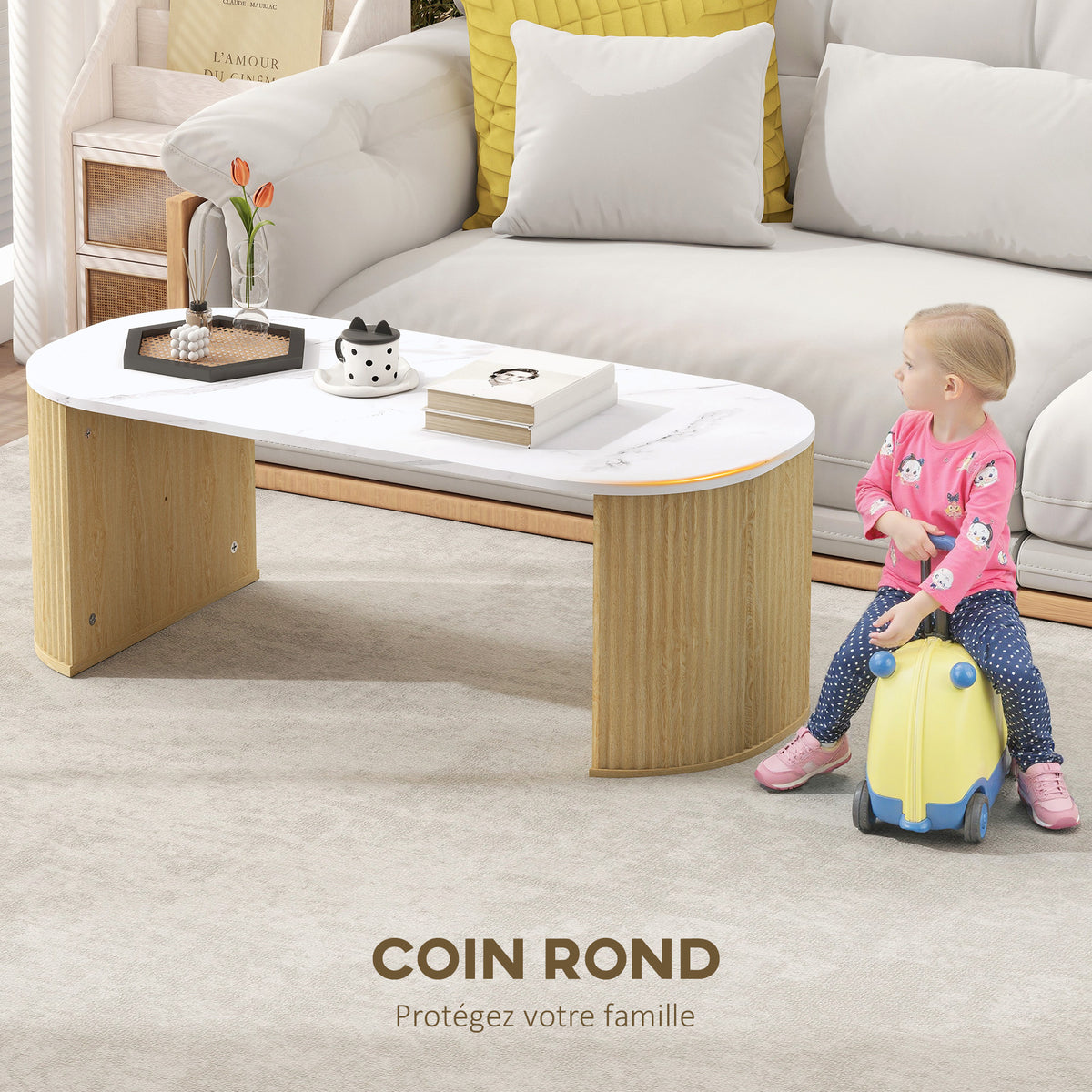 Table basse ovale effet marbre blanc, pieds bois, 110 × 50 cm, détail 7