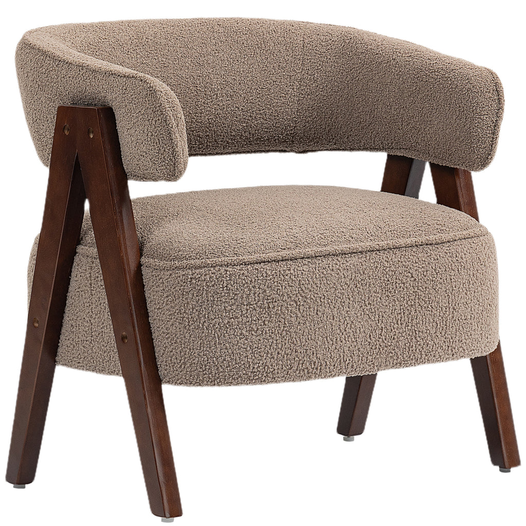 Fauteuil bouclette taupe, pieds bois massif, 70 × 64 × 71 cm – Saint-Oréan