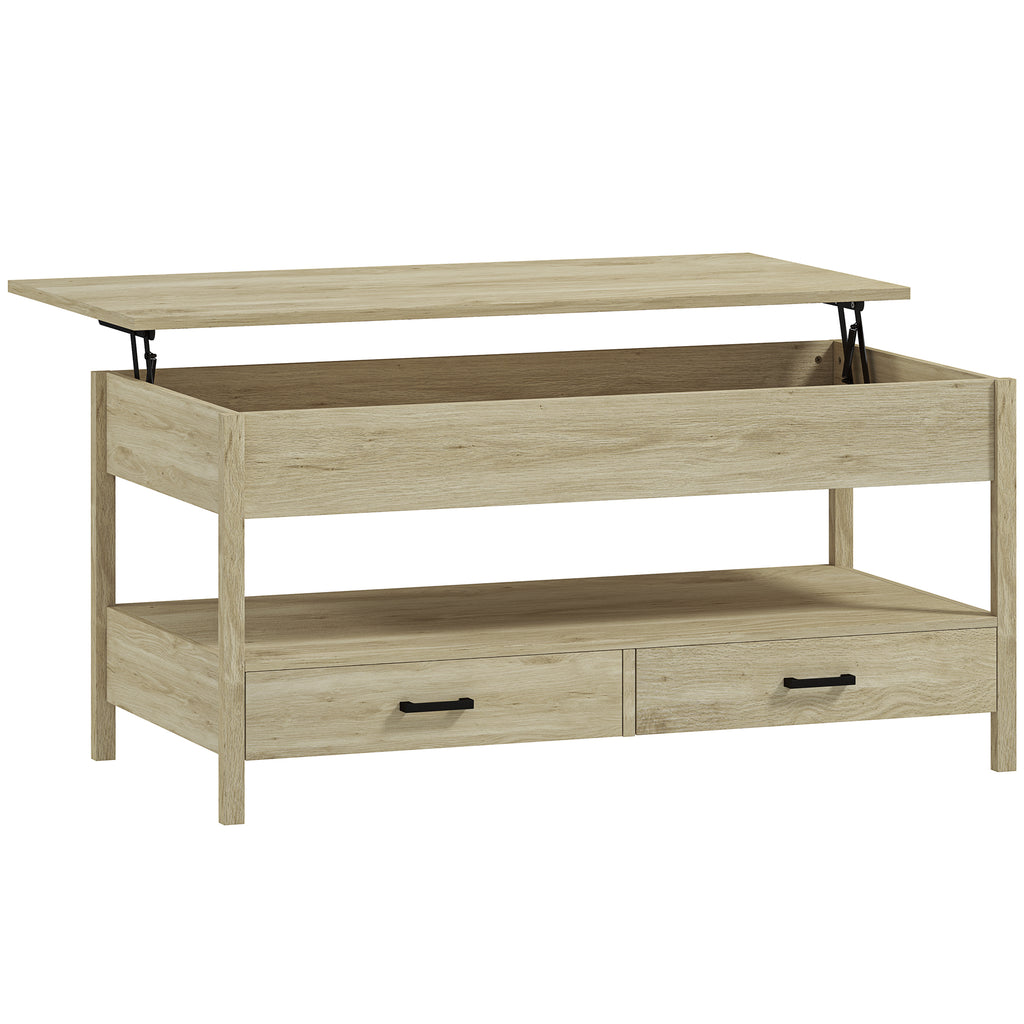 Table basse relevable chêne avec tiroirs, 100 × 50 cm, sur fond blanc