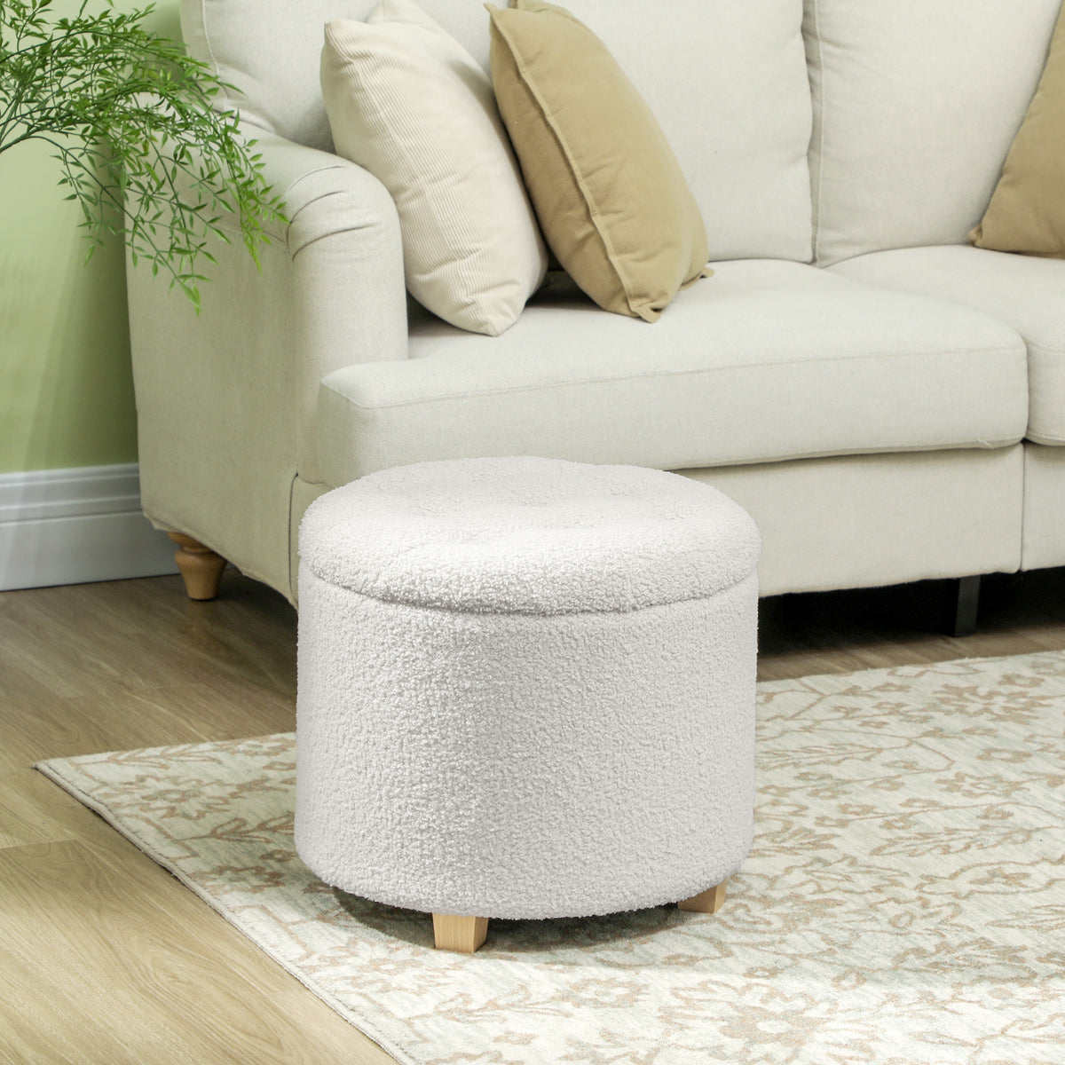 Pouf coffre rangement, tabouret rond, pouf repose-pieds en tissu bouclette, charge 120 Kg, Ø 45 x 41 cm, blanc-1