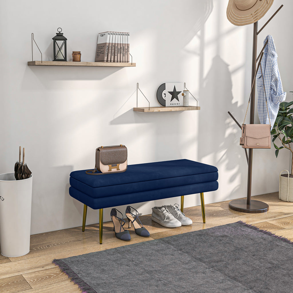 Banc coffre velours bleu marine, pieds dorés, 100 cm, détail 2