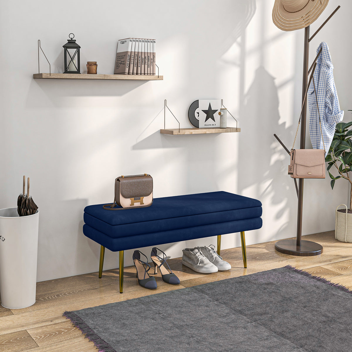 Banc coffre velours bleu marine, pieds dorés, 100 cm, détail 2