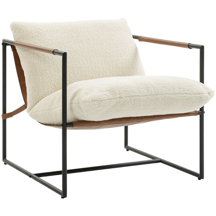Fauteuil bouclette crème, structure acier noir