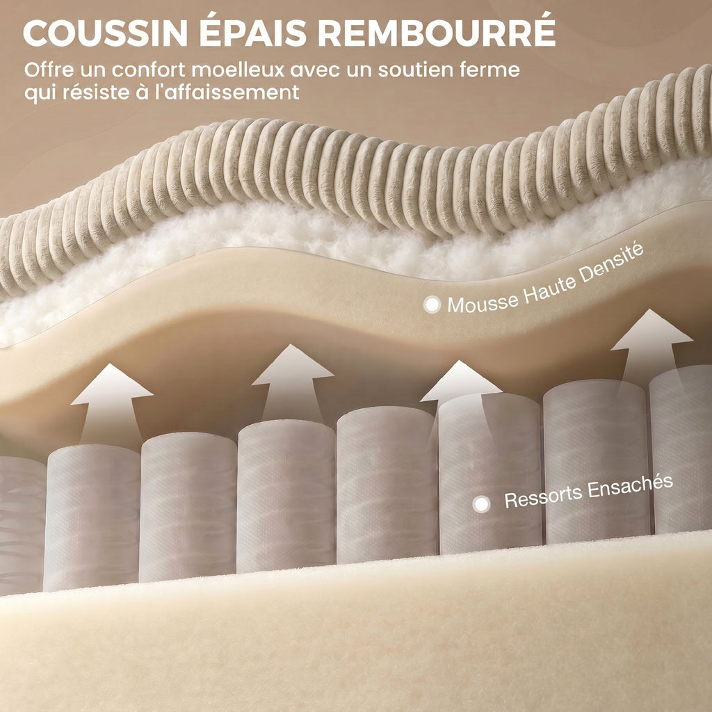 Canapé 2 places velours côtelé beige, 144 cm, détail 8