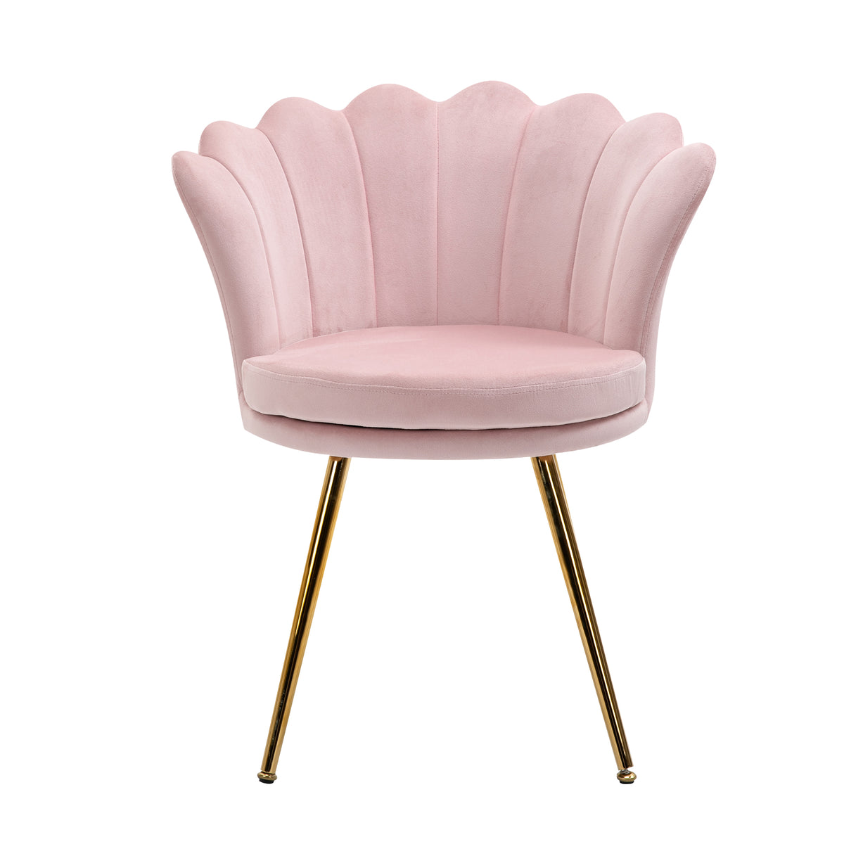 Fauteuil coquillage velours rose poudré, pieds dorés, sur fond blanc