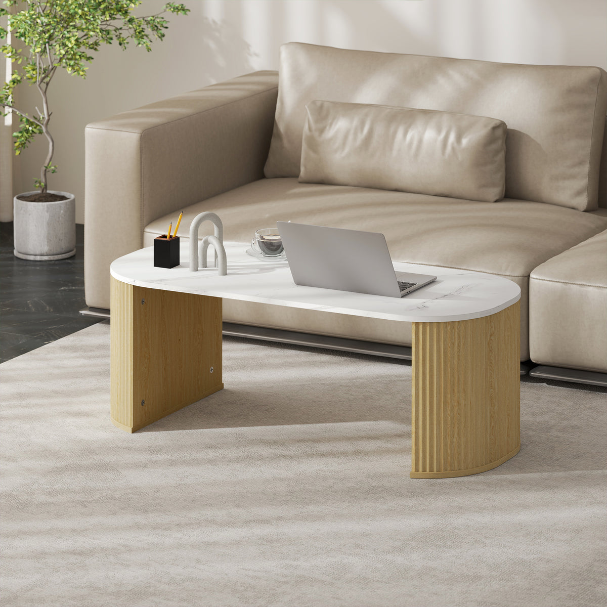 Table basse ovale effet marbre blanc, pieds bois, 110 × 50 cm, détail 4