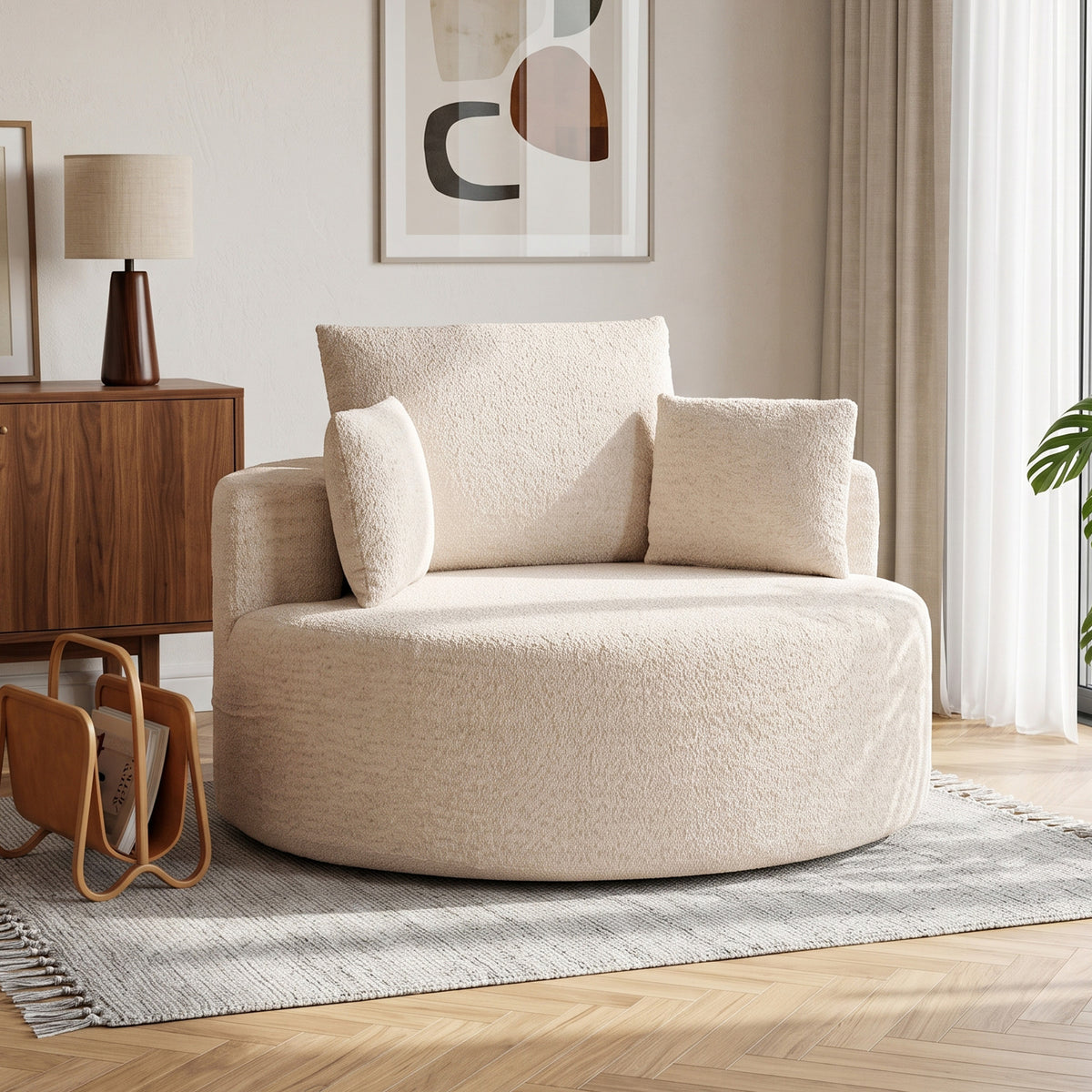 Pouf Canapé Rond en Chenille, Grande Assise, 2 Coussins, 1 Dossier, 1 Traversin, Charge 250kg, 130x130x82cm, Crème-1