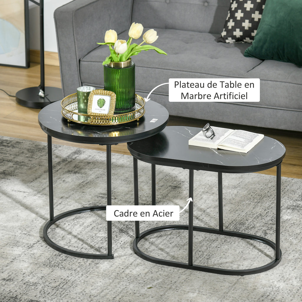 Lot de 2 tables gigognes effet marbre noir, acier, détail 2