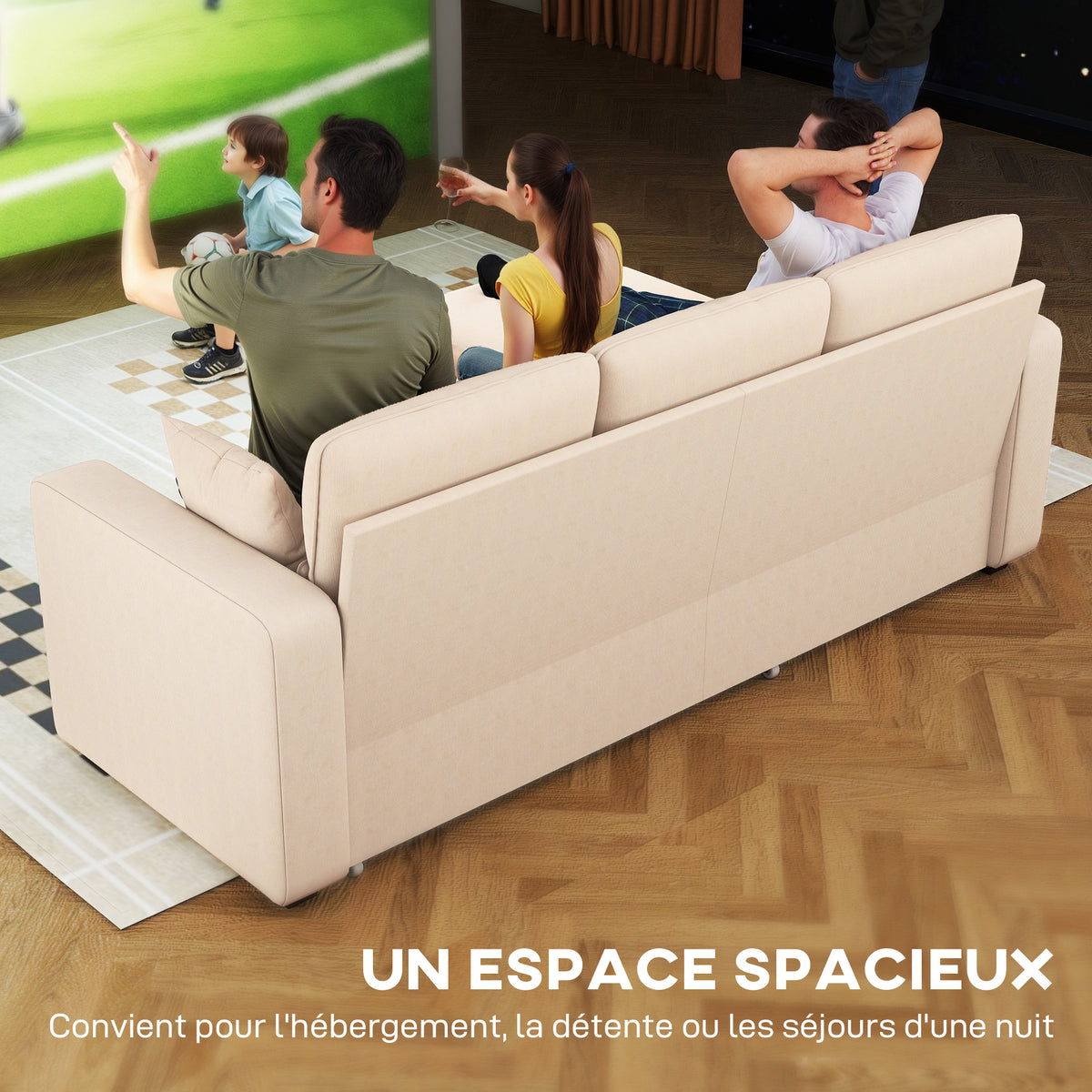 Canapé d'angle convertible velours côtelé beige, coffre, 205 × 135 cm, détail 4
