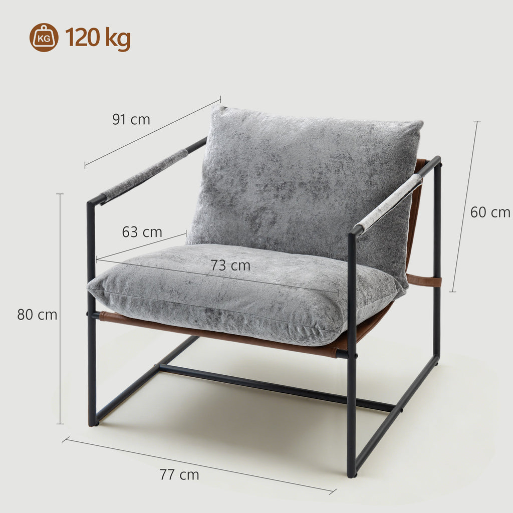 Fauteuil bouclette gris clair, structure acier noir, détail 1