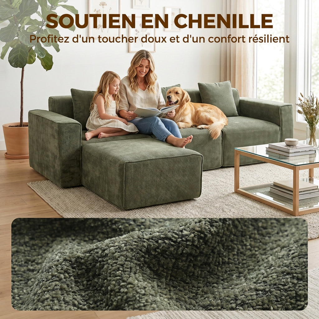 Canapé d'angle modulable chenille vert avec pouf, 251 cm, détail 4