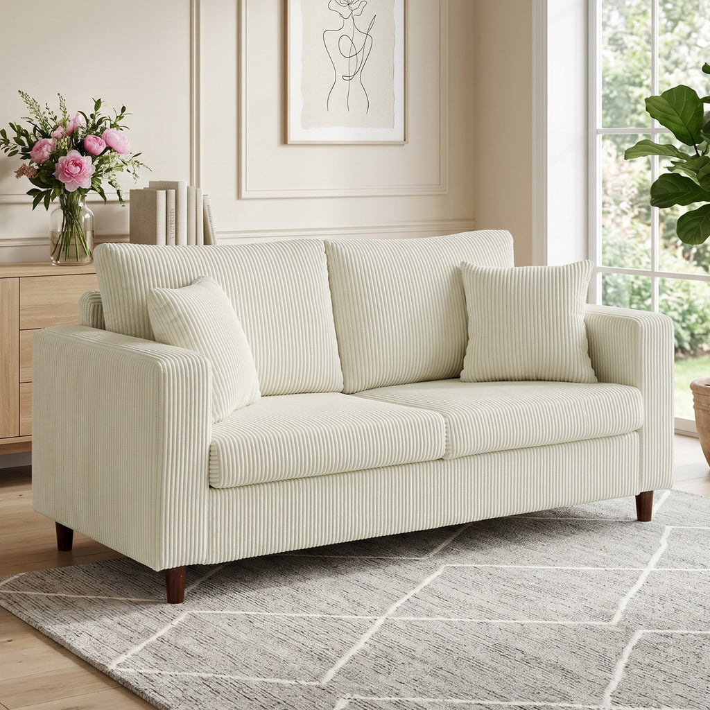 Canapé 2 Places en Velours Côtelé, Canapé de Salon Moderne 170 cm, Assise Large, Coussin à Ressorts, Crème-1