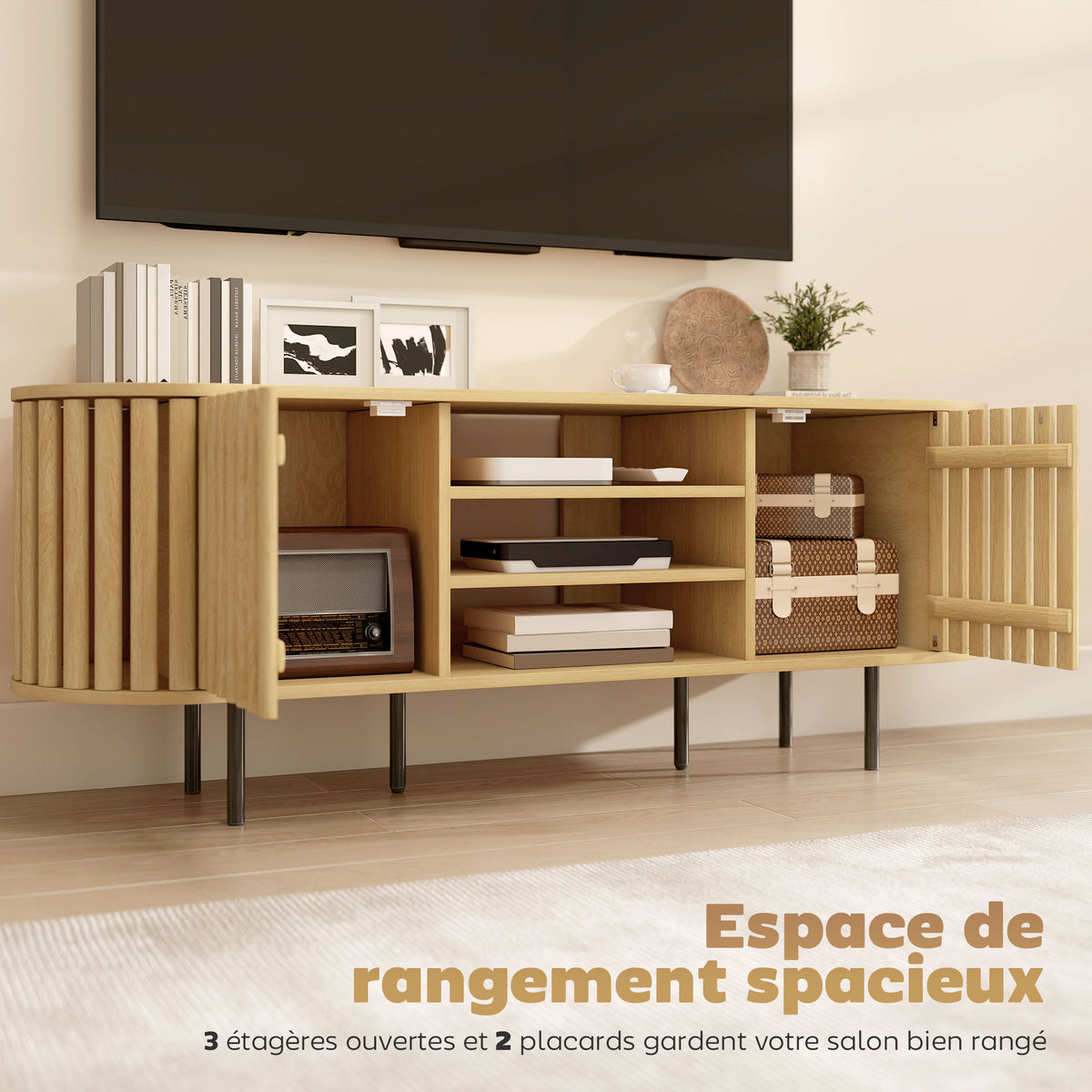 Meuble TV, meuble télé pour téléviseur 60 pouces, 2 portes à lattes, 140x40x52cm, bois naturel-3