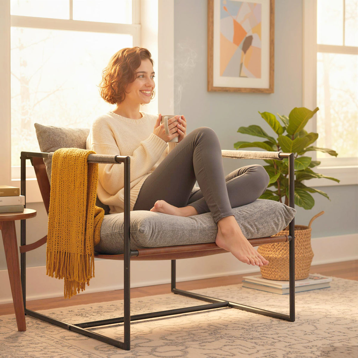 Fauteuil bouclette gris clair, structure acier noir, détail 5