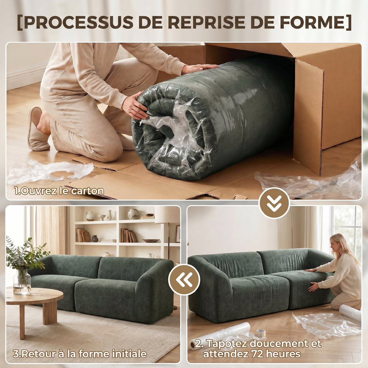 Canapé 3 places chenille vert foncé, 225 cm, détail 4