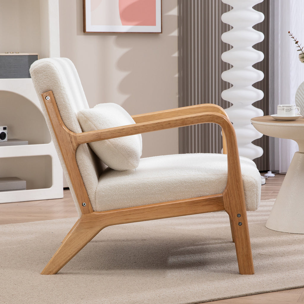 Fauteuil lounge bouclette crème, structure bois d'hévéa, vue 3 – Saint-Oréan