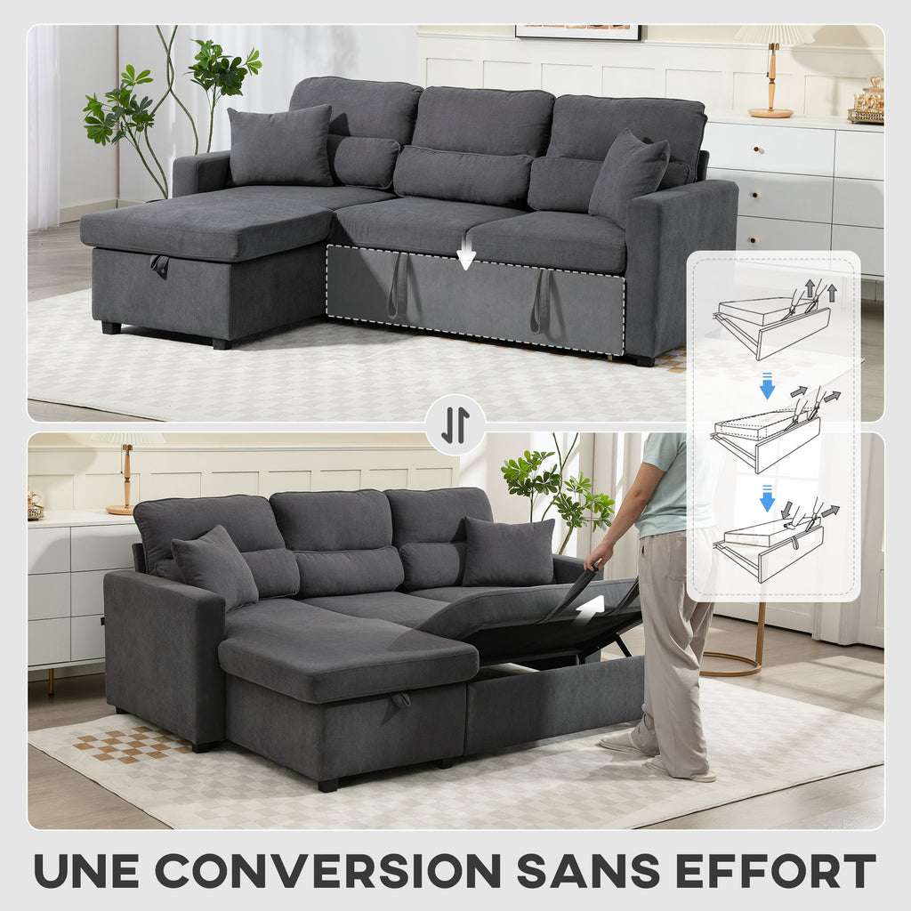 Canapé d'angle convertible velours côtelé gris, coffre, 205 × 135 cm, détail 8