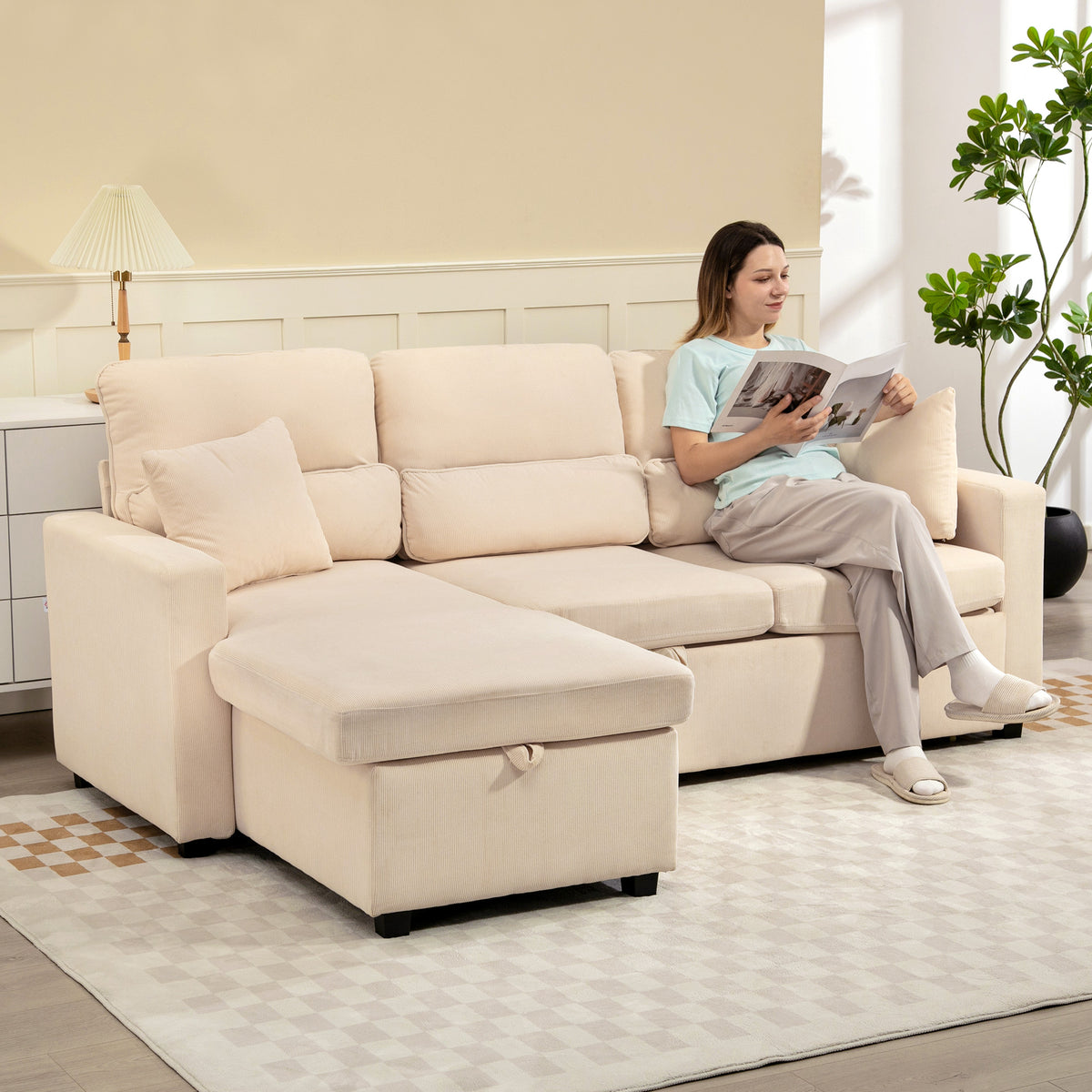 Canapé d'angle convertible velours côtelé beige, coffre, 205 × 135 cm, détail 2