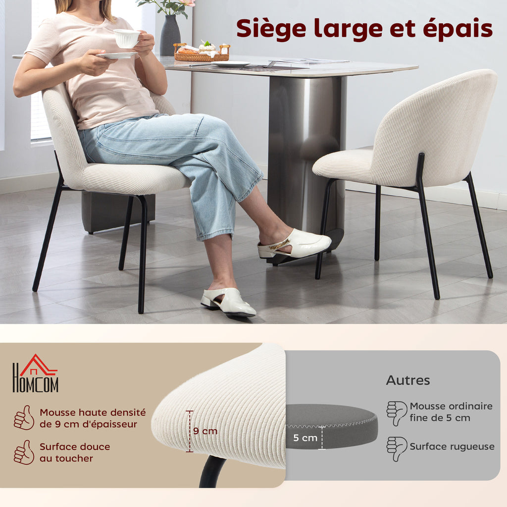 Lot de 2 chaises velours côtelé crème, pieds acier, détail 1
