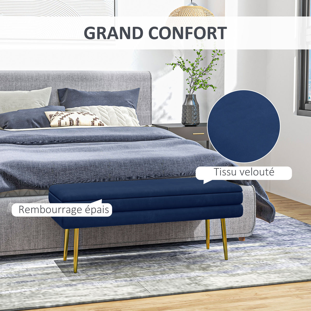 Banc coffre velours bleu marine, pieds dorés, 100 cm, détail 3