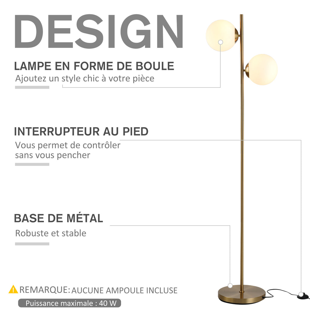 Lampadaire laiton 2 globes en verre, 165 cm, détail 4
