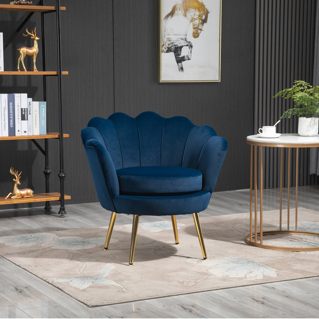 Fauteuil coquillage velours bleu marine, pieds dorés