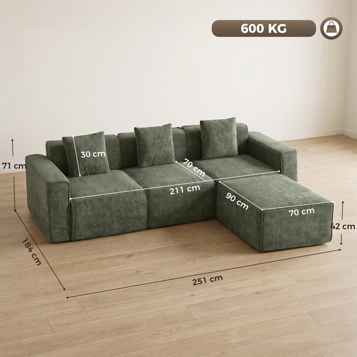 Canapé d'angle modulable chenille vert avec pouf, 251 cm, détail 2