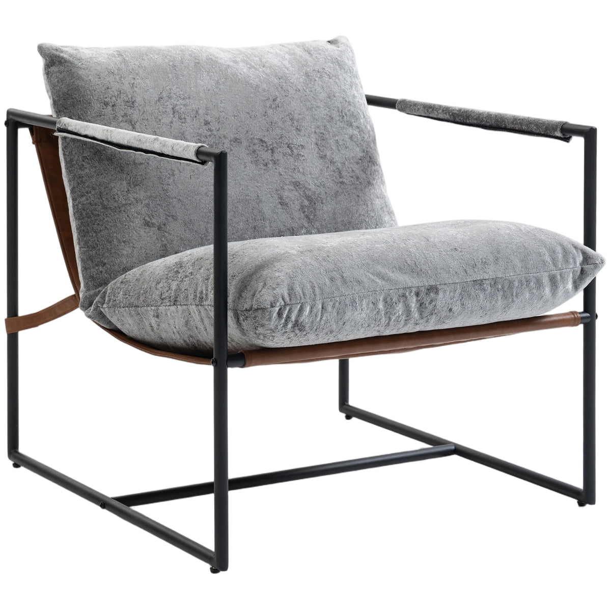Fauteuil bouclette gris clair, structure acier noir, sur fond blanc