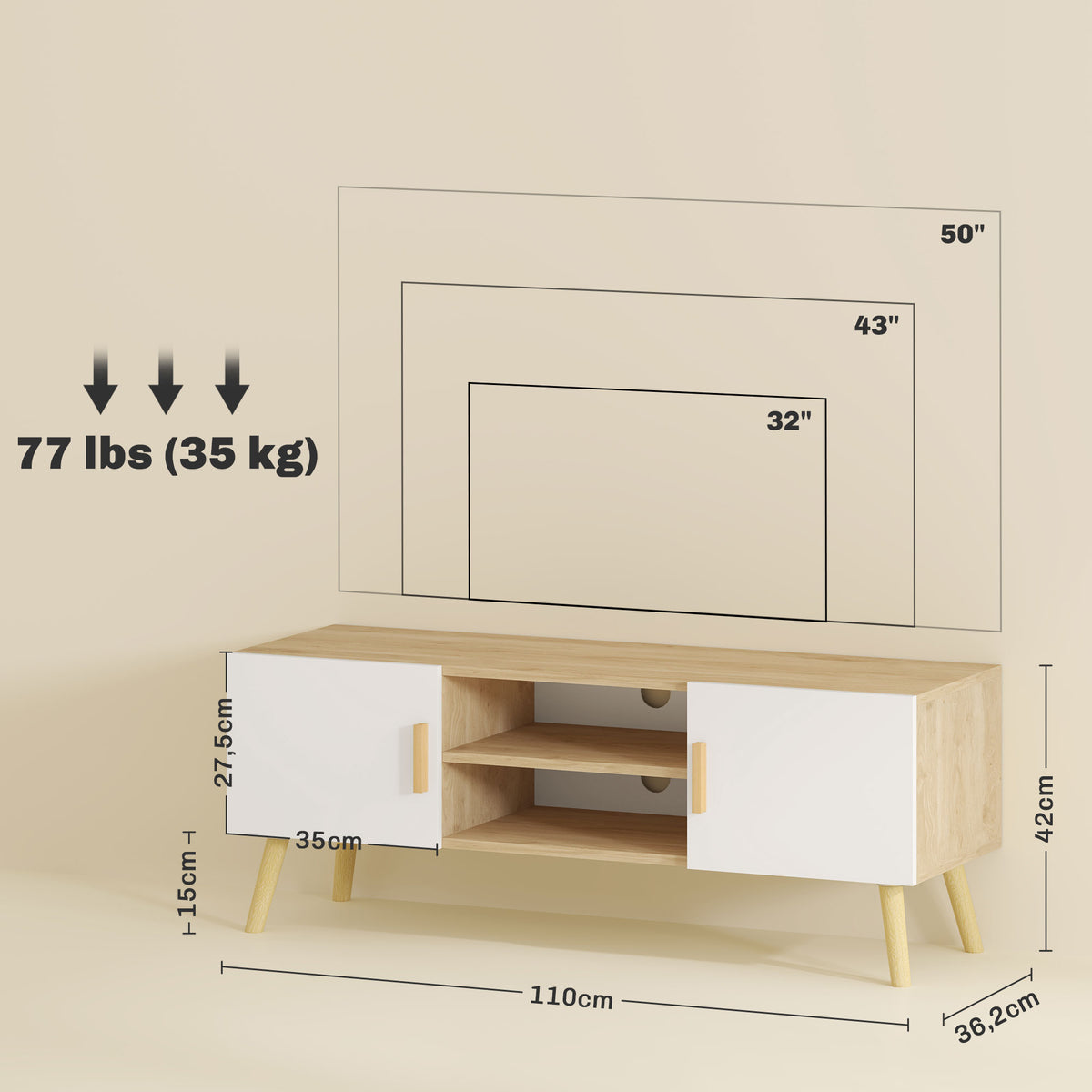 Meuble TV chêne et blanc, 2 portes, 110 cm, détail 8
